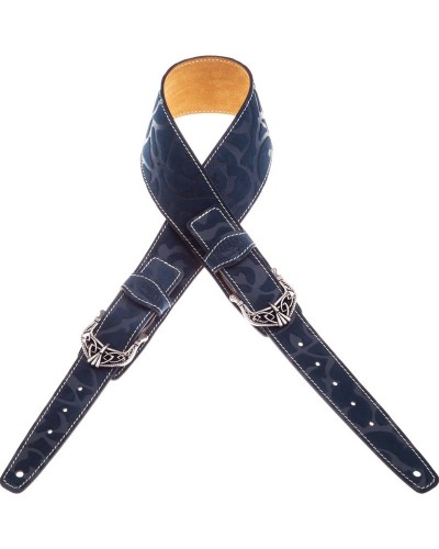 Guitar Strap Blu Genuine Leather 7 Cm King Damasco Twin Buckle TS Embossed 