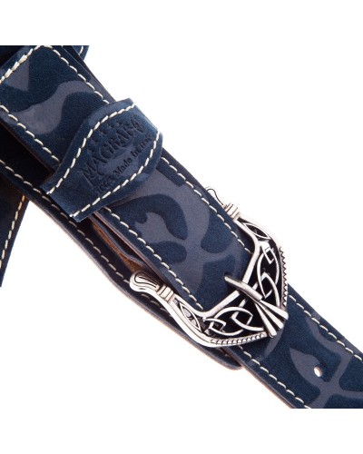 Tracolla per Chitarra e Basso Blu Vera Pelle 7 Cm King Damasco Twin Buckle TS Embossed 