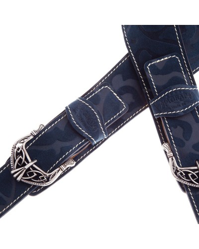 Tracolla per Chitarra e Basso Blu Vera Pelle 7 Cm King Damasco Twin Buckle TS Embossed 