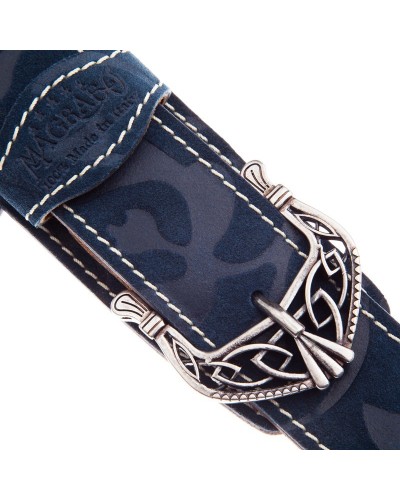 Tracolla per Chitarra e Basso Blu Vera Pelle 7 Cm King Damasco Twin Buckle TS Embossed 