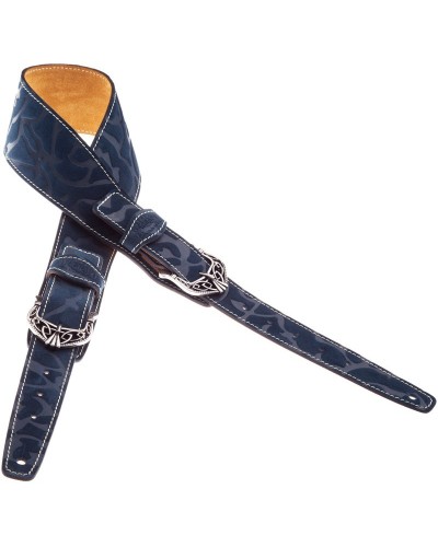 Tracolla per Chitarra e Basso Blu Vera Pelle 7 Cm King Damasco Twin Buckle TS Embossed 