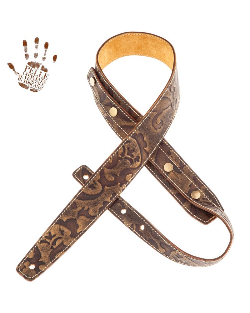 Guitar Strap Bronze Certified Vegetable Tanned Leather 5 Cm Buttons BS Embossed 