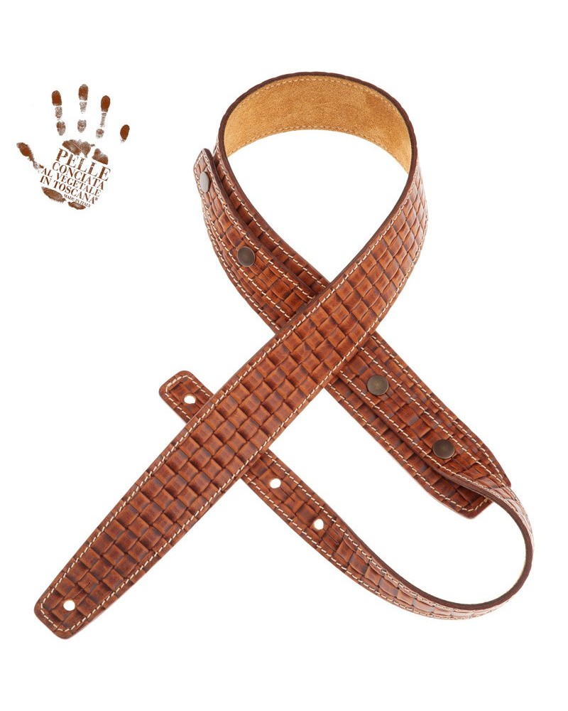 Guitar Strap Brown Certified Vegetable Tanned Leather 5 Cm Intreccio Buttons BS Embossed 