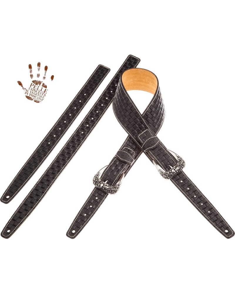 magrabò guitar straps | twin buckle ts embossed intreccio black 7 cm skull & roses silver buckle