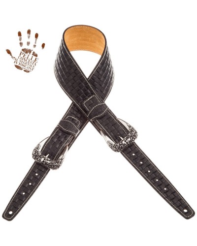 Guitar Strap Black Certified Vegetable Tanned Leather 7 Cm Skull & Roses Intreccio Twin Buckle TS Embossed 