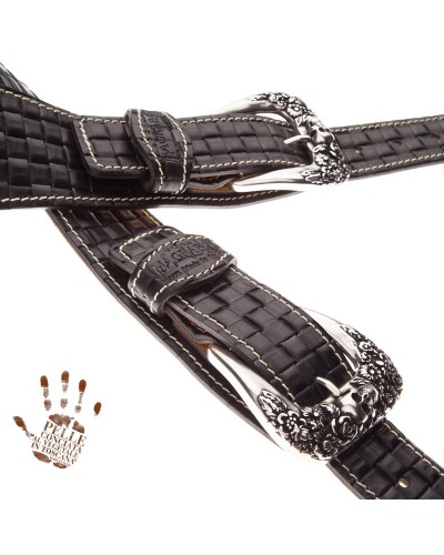 Guitar Strap Black Certified Vegetable Tanned Leather 7 Cm Skull & Roses Intreccio Twin Buckle TS Embossed 