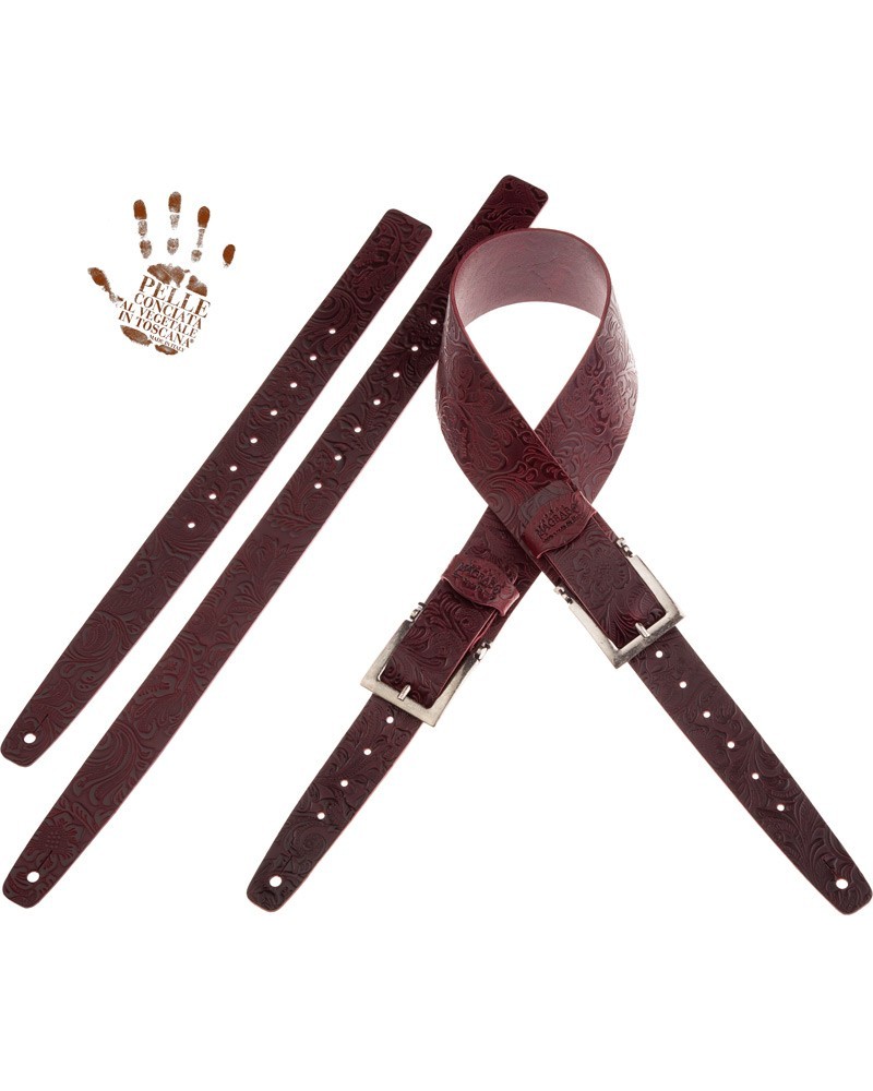 Guitar Strap Bordeaux Certified Vegetable Tanned Leather 7 Cm Meccano Flores Twin Buckle TC Embossed 