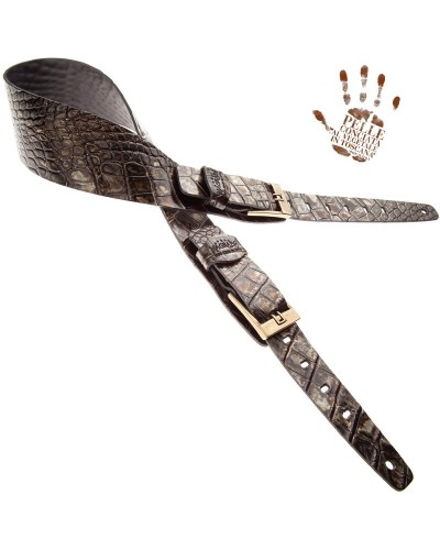 Tracolla per Chitarra e Basso Nero Vera Pelle Conciata Al Vegetale 7 Cm Tongue Cocco Dalma Twin Buckle TC Embossed 