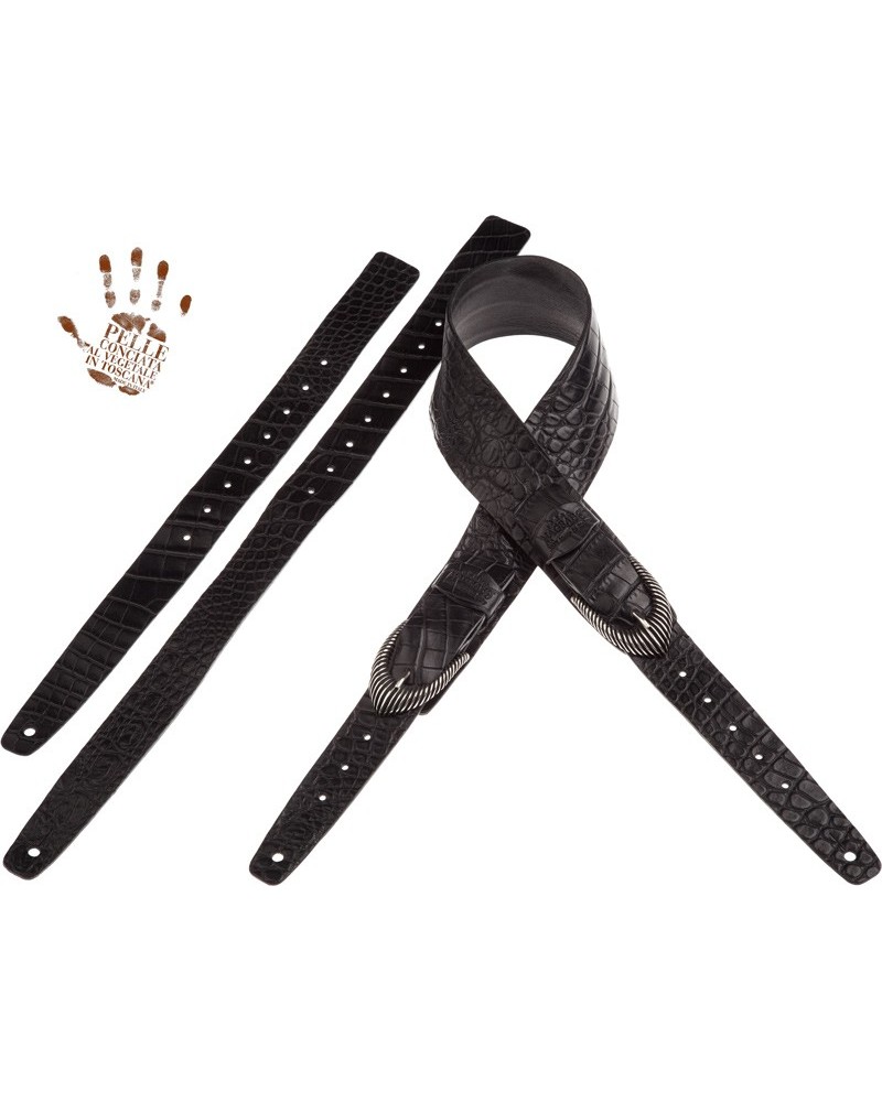 Guitar Strap Black Certified Vegetable Tanned Leather 7 Cm Groove Cocco Pros Twin Buckle TC Embossed 