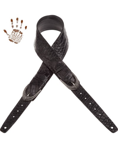 Guitar Strap Black Certified Vegetable Tanned Leather 7 Cm Groove Cocco Pros Twin Buckle TC Embossed 