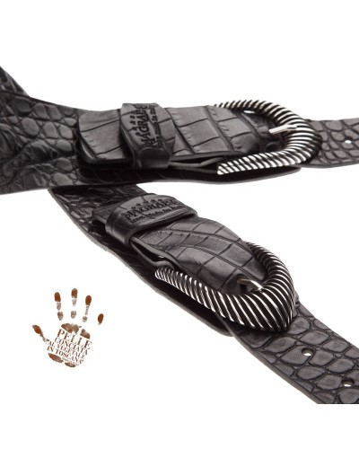 Guitar Strap Black Certified Vegetable Tanned Leather 7 Cm Groove Cocco Pros Twin Buckle TC Embossed 