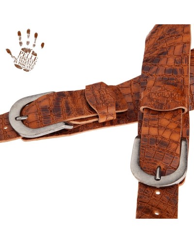 Guitar Strap Brown Certified Vegetable Tanned Leather 7 Cm Round Croco Lux Twin Buckle TC Embossed 