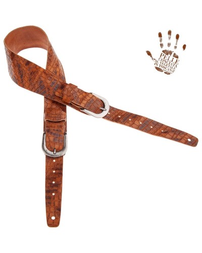 Guitar Strap Brown Certified Vegetable Tanned Leather 7 Cm Round Croco Lux Twin Buckle TC Embossed 