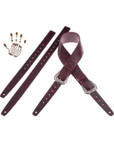 magrabò guitar straps | twin buckle tc embossed flores bordeaux 7 cm sun silver buckle