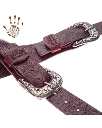 Tracolla per Chitarra e Basso Bordeaux Vera Pelle Conciata Al Vegetale 7 Cm Sun Flores Twin Buckle TC Embossed 