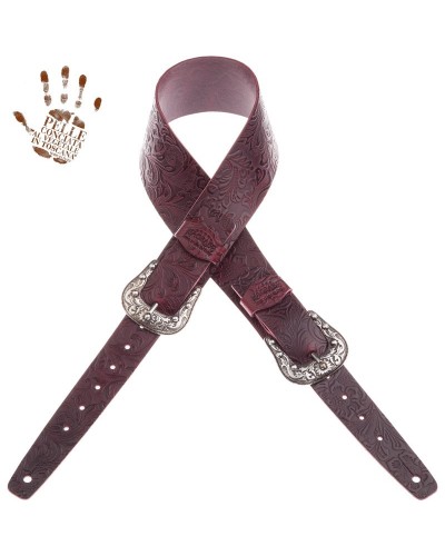 Tracolla per Chitarra e Basso Bordeaux Vera Pelle Conciata Al Vegetale 7 Cm Sun Flores Twin Buckle TC Embossed 