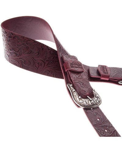 Tracolla per Chitarra e Basso Bordeaux Vera Pelle Conciata Al Vegetale 7 Cm Sun Flores Twin Buckle TC Embossed 