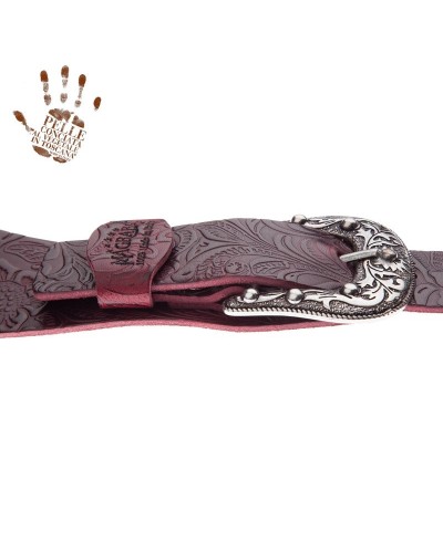 Tracolla per Chitarra e Basso Bordeaux Vera Pelle Conciata Al Vegetale 7 Cm Sun Flores Twin Buckle TC Embossed 