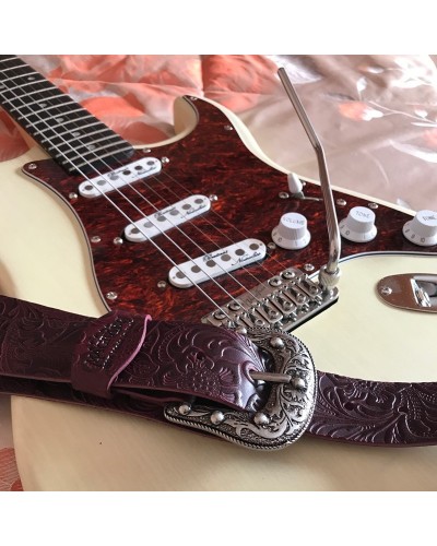 Tracolla per Chitarra e Basso Bordeaux Vera Pelle Conciata Al Vegetale 7 Cm Sun Flores Twin Buckle TC Embossed 