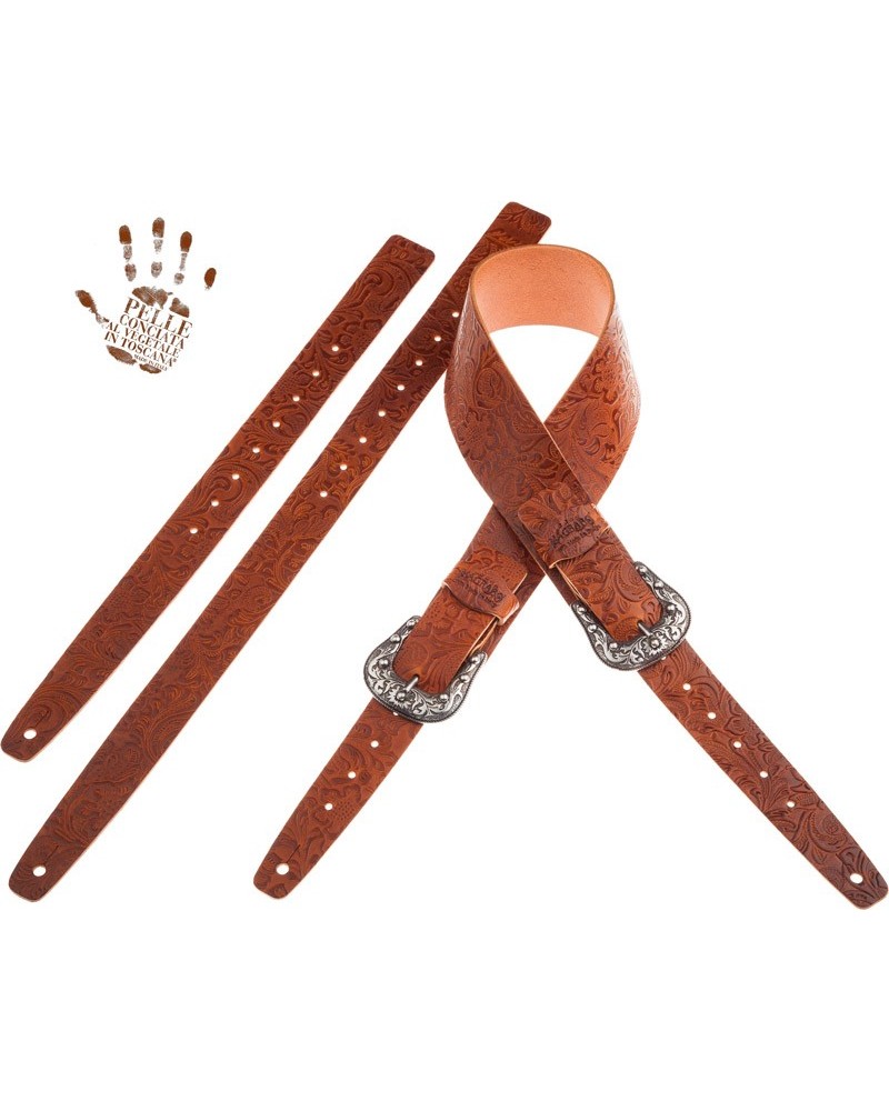 Guitar Strap Brown Certified Vegetable Tanned Leather 7 Cm Sun Flores Twin Buckle TC Embossed 