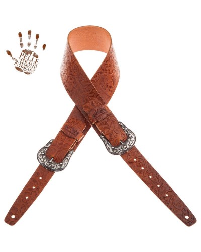 Guitar Strap Brown Certified Vegetable Tanned Leather 7 Cm Sun Flores Twin Buckle TC Embossed 