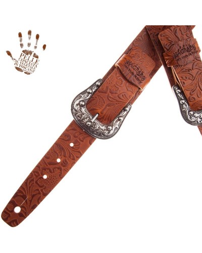 Guitar Strap Brown Certified Vegetable Tanned Leather 7 Cm Sun Flores Twin Buckle TC Embossed 