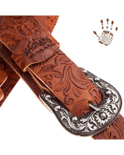 Guitar Strap Brown Certified Vegetable Tanned Leather 7 Cm Sun Flores Twin Buckle TC Embossed 