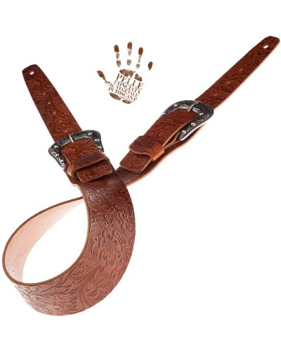 Tracolla per Chitarra e Basso Marrone Vera Pelle Conciata Al Vegetale 7 Cm Sun Flores Twin Buckle TC Embossed 