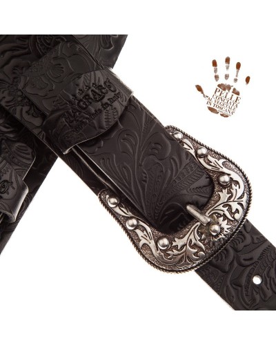 Guitar Strap Black Certified Vegetable Tanned Leather 7 Cm Sun Flores Twin Buckle TC Embossed 