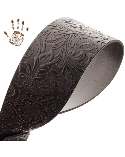 Guitar Strap Black Certified Vegetable Tanned Leather 7 Cm Sun Flores Twin Buckle TC Embossed 