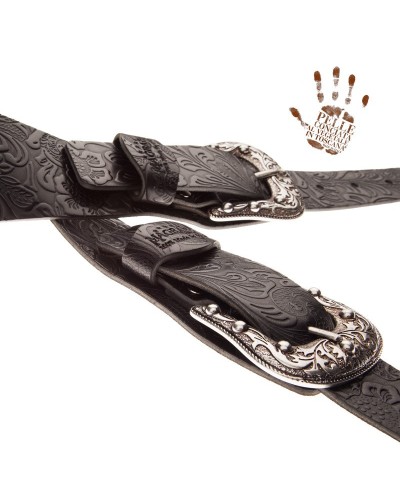 Guitar Strap Black Certified Vegetable Tanned Leather 7 Cm Sun Flores Twin Buckle TC Embossed 