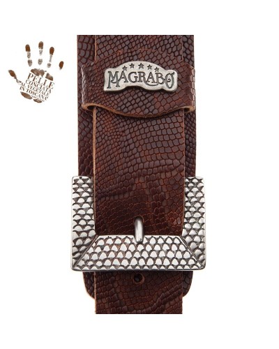 Tracolla per Chitarra e Basso Marrone Vera Pelle Conciata Al Vegetale 7 Cm Scaled Snake Twin Buckle TC Embossed 