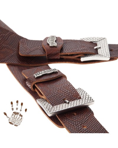 Guitar Strap Brown Certified Vegetable Tanned Leather 7 Cm Scaled Snake Twin Buckle TC Embossed 