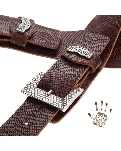 Guitar Strap Brown Certified Vegetable Tanned Leather 7 Cm Scaled Snake Twin Buckle TC Embossed 