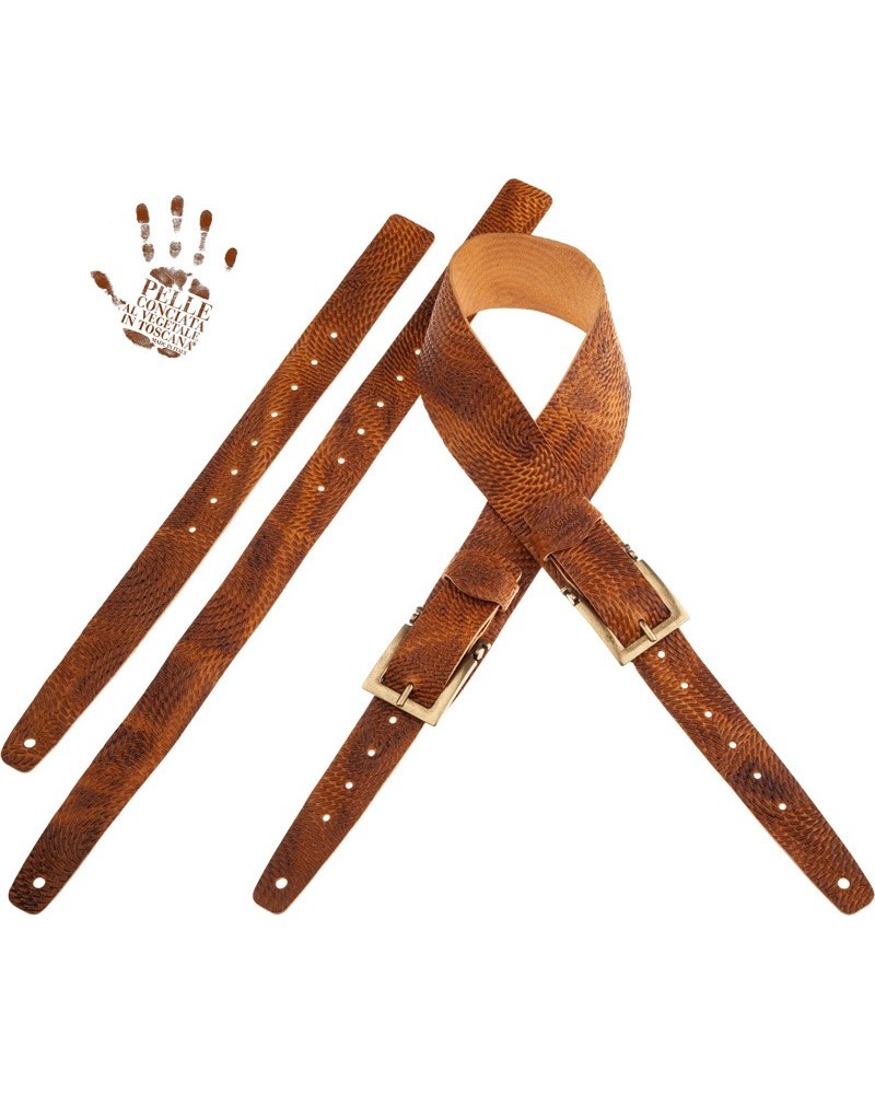 magrabò guitar straps | twin buckle tc embossed swivel brown 7 cm meccano brass buckle