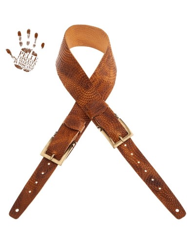 Guitar Strap Brown Certified Vegetable Tanned Leather 7 Cm Meccano Swivel Twin Buckle TC Embossed 