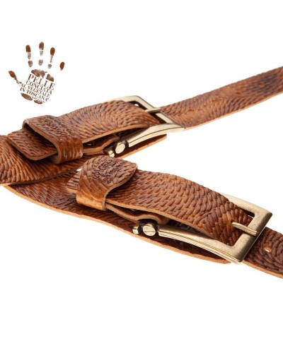 Guitar Strap Brown Certified Vegetable Tanned Leather 7 Cm Meccano Swivel Twin Buckle TC Embossed 