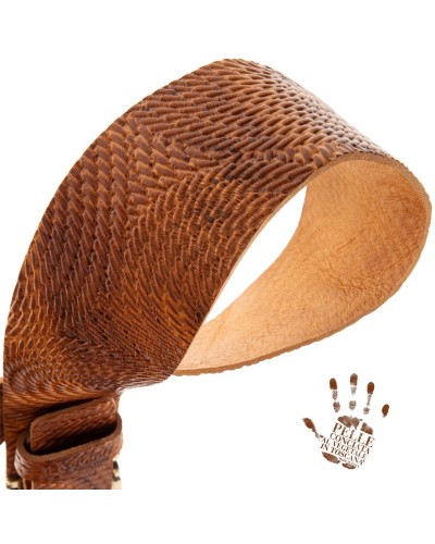 Guitar Strap Brown Certified Vegetable Tanned Leather 7 Cm Meccano Swivel Twin Buckle TC Embossed 