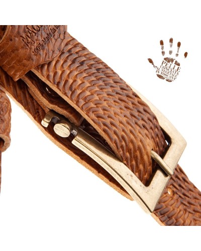 Guitar Strap Brown Certified Vegetable Tanned Leather 7 Cm Meccano Swivel Twin Buckle TC Embossed 