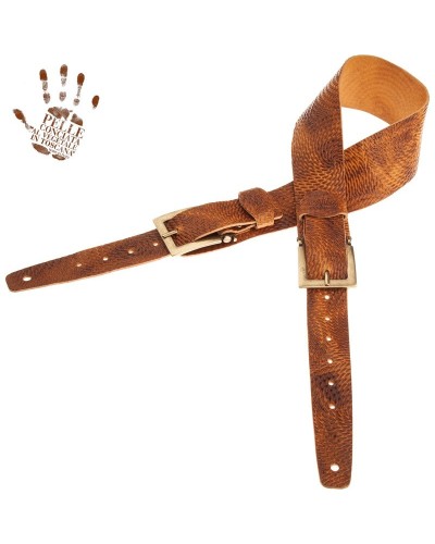 Guitar Strap Brown Certified Vegetable Tanned Leather 7 Cm Meccano Swivel Twin Buckle TC Embossed 