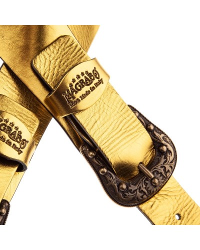 Guitar Strap Gold Genuine Leather 7 Cm Sun Twin Buckle TC Metallic 