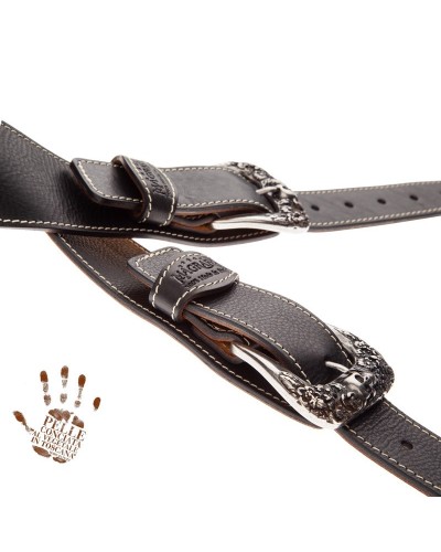 Guitar Strap Black Certified Vegetable Tanned Leather 7 Cm Skull & Roses Twin Buckle TS Core 