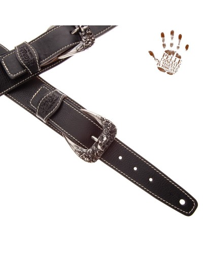 Guitar Strap Black Certified Vegetable Tanned Leather 7 Cm Skull & Roses Twin Buckle TS Core 