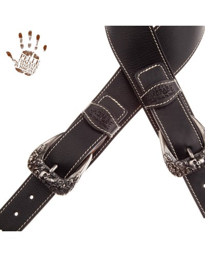 Guitar Strap Black Certified Vegetable Tanned Leather 7 Cm Skull & Roses Twin Buckle TS Core 