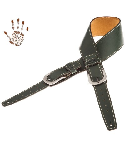 Tracolla per Chitarra e Basso Verde Vera Pelle Conciata Al Vegetale 7 Cm Round Twin Buckle TS Core 