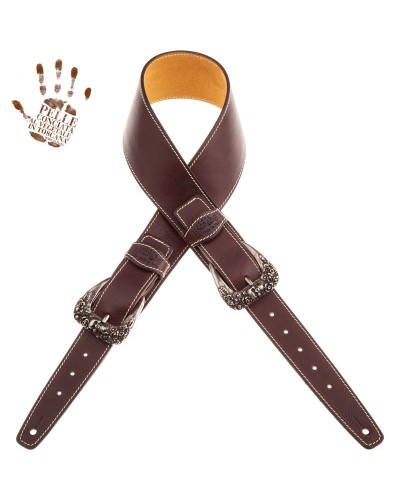 Guitar Strap Dark Brown Certified Vegetable Tanned Leather 7 Cm Skull & Roses Twin Buckle TS Core 