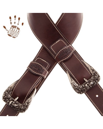 Guitar Strap Dark Brown Certified Vegetable Tanned Leather 7 Cm Skull & Roses Twin Buckle TS Core 