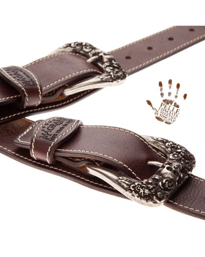 Guitar Strap Dark Brown Certified Vegetable Tanned Leather 7 Cm Skull & Roses Twin Buckle TS Core 