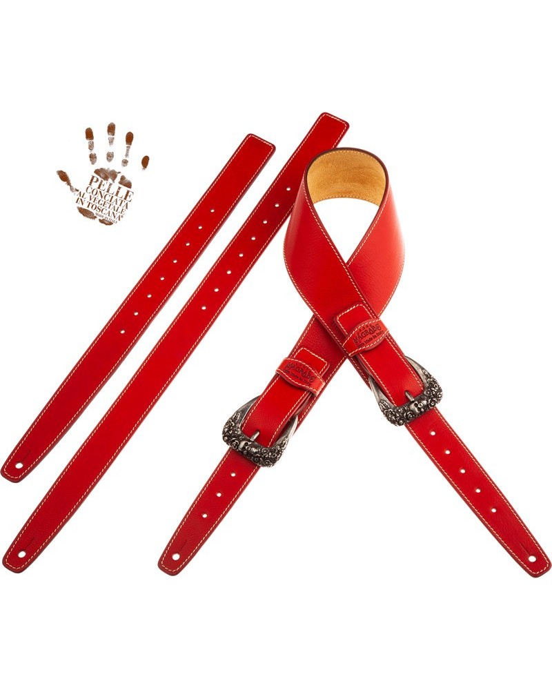 Tracolla per Chitarra e Basso Rosso Vera Pelle Conciata Al Vegetale 7 Cm Skull & Roses Twin Buckle TS Core 