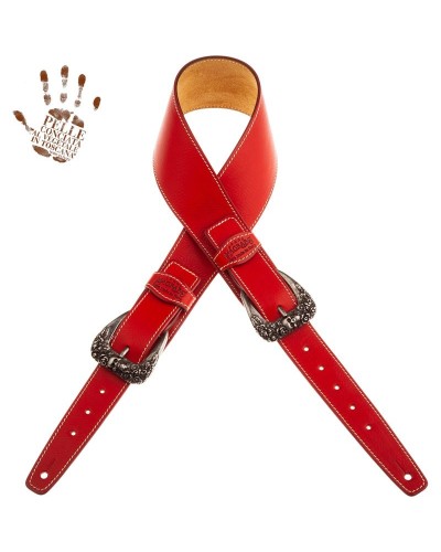 Guitar Strap Red Certified Vegetable Tanned Leather 7 Cm Skull & Roses Twin Buckle TS Core 